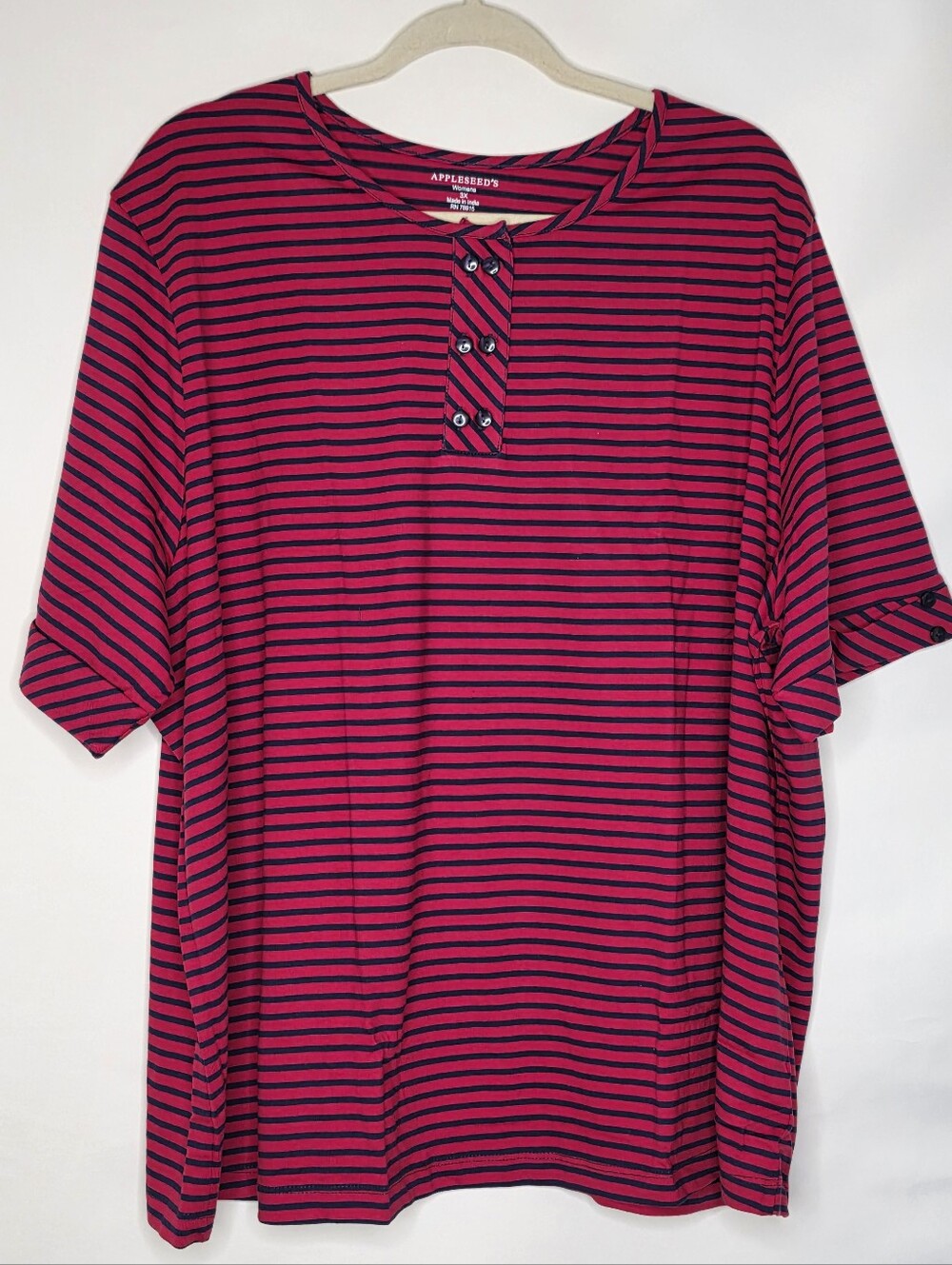 Plus Size Striped Cotton Top 3X Red and Blue Short Sleeve Pullover Stretch Shirt